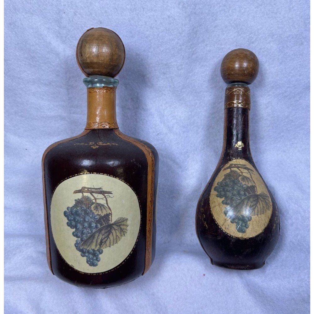 Two Vintage Italian brown Leather Covered Wine Bottle Bar Decanter Made In Italy